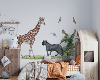 Vinilo decorativo de la selva para pared, vinilo de pantera negra, vinilo de mariposa para pared, pegatina de jirafa, vinilo decorativo de la selva para habitación infantil, vinilos decorativos de la selva para pared, pegatinas de la selva para pared