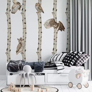 nursery birch tree decal, tree wall decal, birch tree decor, birch trees wall decal, birch wall stickers, owls decal, woodland wall decal
