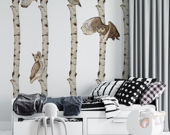 nursery birch tree decal, tree wall decal, birch tree decor, birch trees wall decal, birch wall stickers, owls decal, woodland wall decal