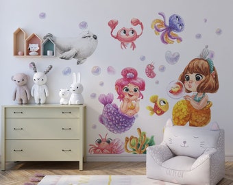 Mermaid wall decal, Mermaid wall sticker, mermaid decal, Sea World Watercolour Little Mermaid, ocean wall decal, Sea World Ocean Wall Decal