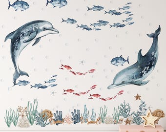 ocean wall decal, ocean wall stickers, under the sea wall decals, Nursery Wall Decal, dolphin wall decals