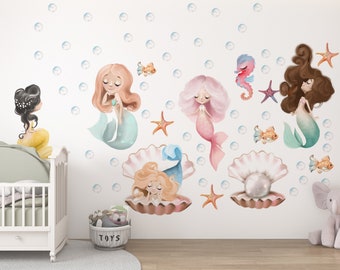 Mermaid wall stickers for girls bedroom, al Sea World Watercolour Little Mermaid Ocean Nursery Decor Peel and Stick Girls Room Wall Art