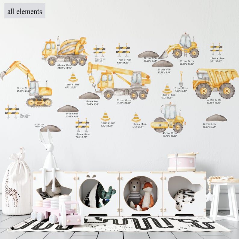 Excavator Machines Wall Decals, Vehicle Wall Sticker, Nursery Boys Cars ...