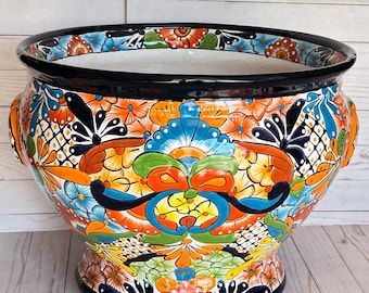 Hand-Painted Talavera Ceramic Planter: Large Mexican Floral Pot