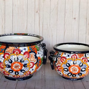 Hand-Painted Talavera Ring Flower Planters SM 9" tall/MD 11.5" tall WHITE PUEBLA