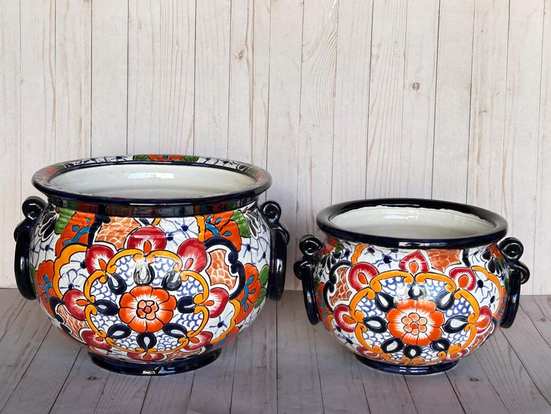 Hand-Painted Talavera Ring Flower Planters SM 9" tall/MD 11.5" tall WHITE PUEBLA