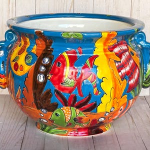 Hand-Painted Talavera Ring Flower Planters SM 9" tall/MD 11.5" tall TURQUOISE FISH