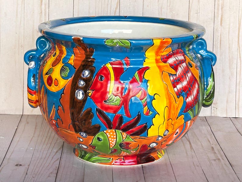 Hand-Painted Talavera Ring Flower Planters SM 9" tall/MD 11.5" tall TURQUOISE FISH