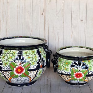 Hand-Painted Talavera Ring Flower Planters SM 9" tall/MD 11.5" tall GREEN PUEBLA