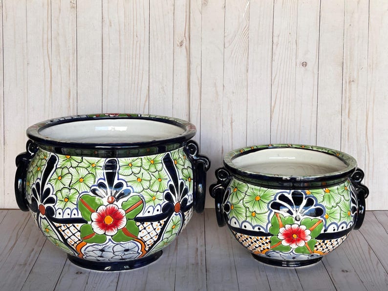 Hand-Painted Talavera Ring Flower Planters SM 9" tall/MD 11.5" tall GREEN PUEBLA