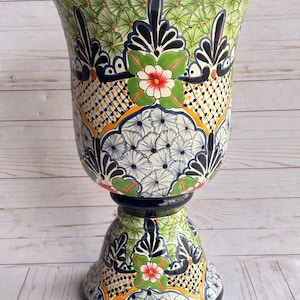 Talavera Planter Cups with Drainage Hole- Hand Painted Mexican Ceramic Pot-Large Pedestal Flower Pot