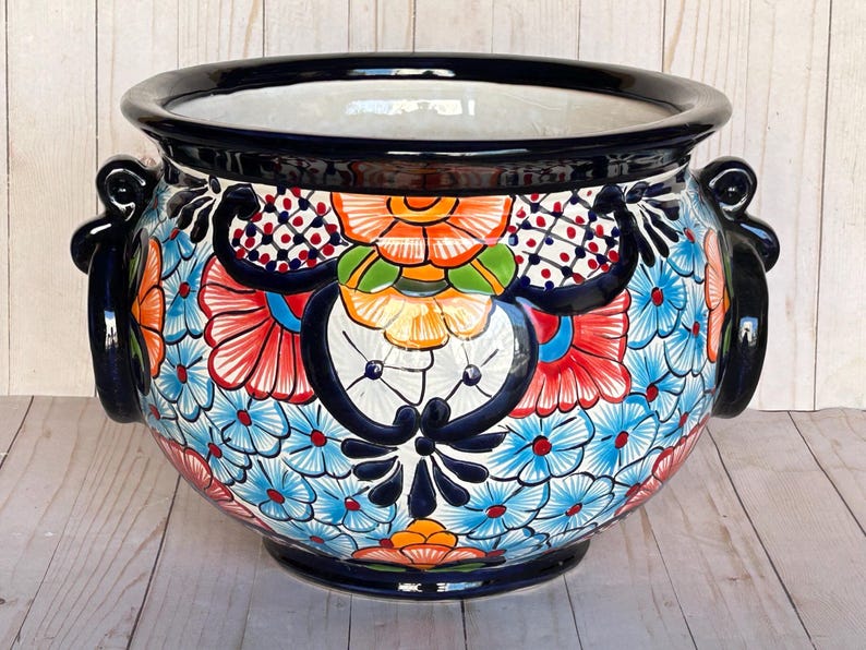 Hand-Painted Talavera Ring Flower Planters SM 9" tall/MD 11.5" tall TURQUOISE PUEBLA