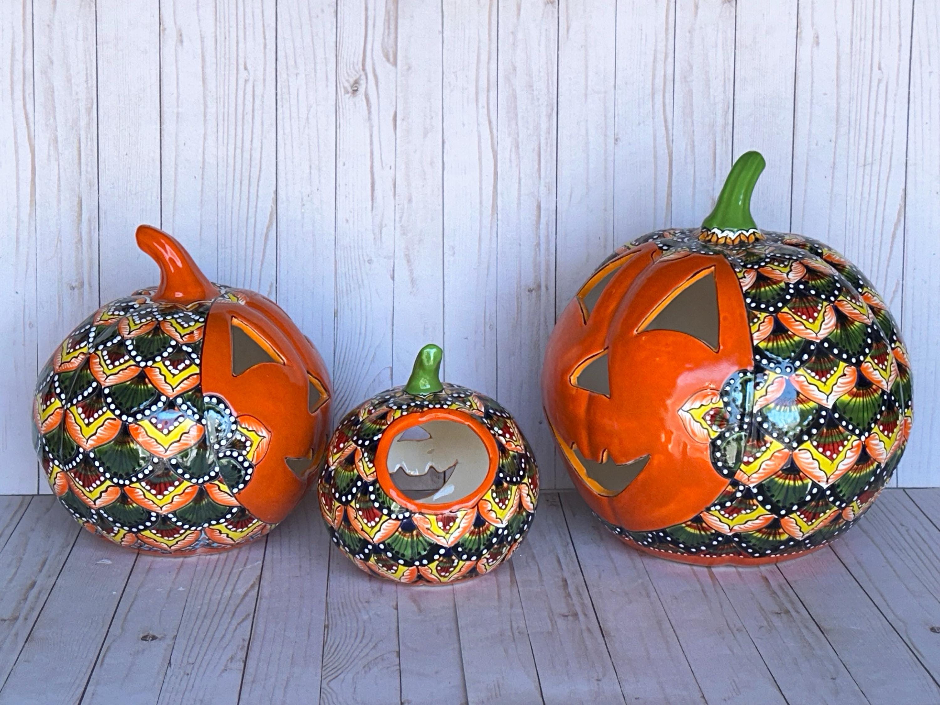 Hand-painted Talavera Ceramic Pumpkin: Floral Jack-o'-lantern