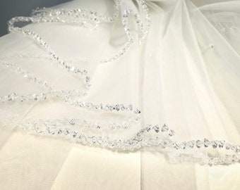 Crystal Edge Veil 2 Tier Wedding Veil Bridal Blusher Veil Glitter Beaded Veil Two Layers Veil Cathedral Veil Fingertip Veil Comb Veil