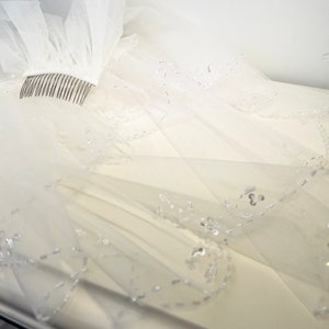 Beaded Wedding Veil 2 Tier Blusher Veil Ivory Bridal Veil Two Layers Veil Beaded Flower Veil White Veil Elbow Veil Comb Veil