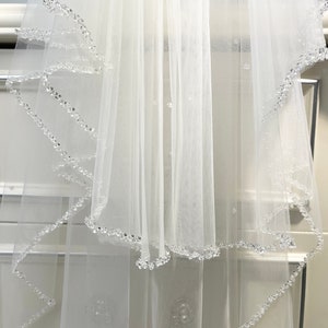 Crystal Wedding Veil Blusher Veil 2Tier Beaded Bridal Veil Ivory Fingertip Veil Two Layers Veil With Comb