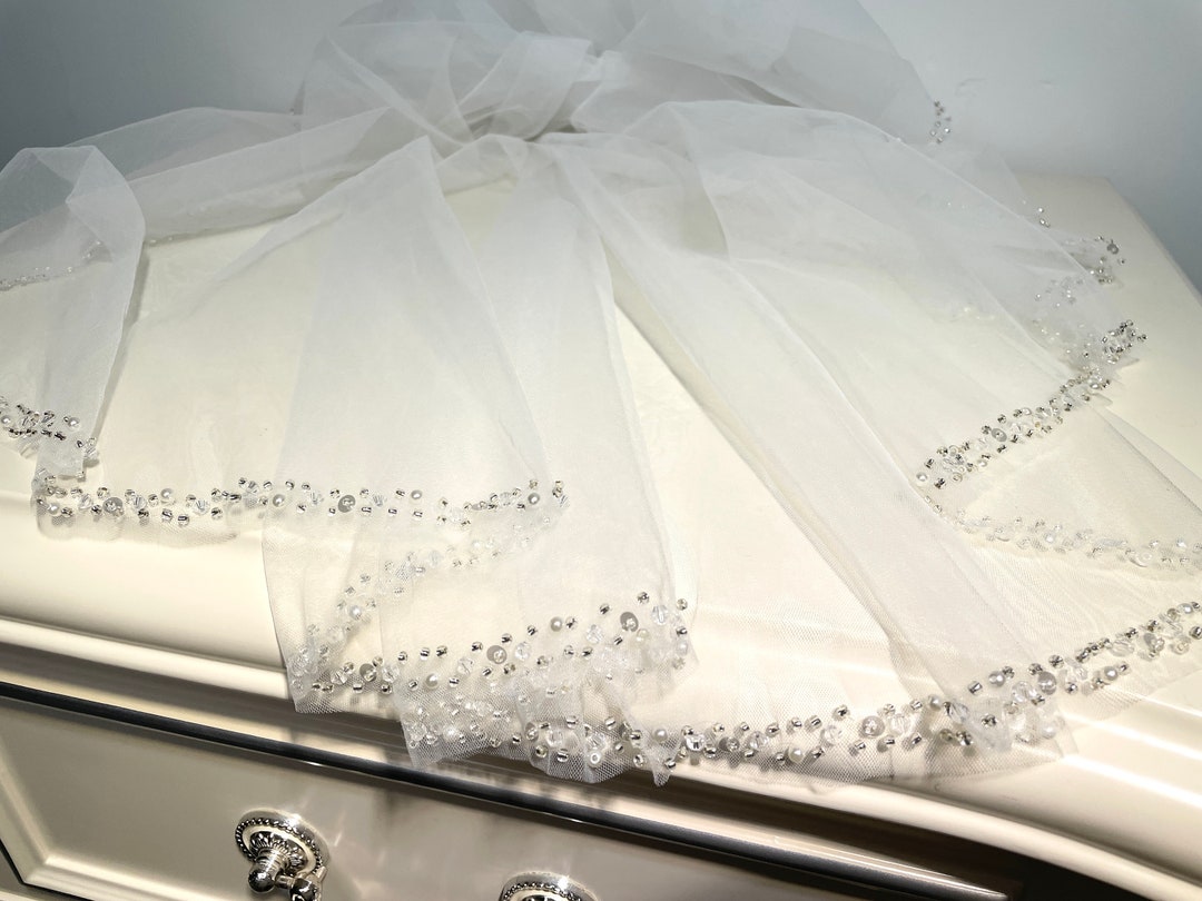 Beaded Wedding Veil,vintage Bridal Veil,ivory Beaded Veil,crystal
