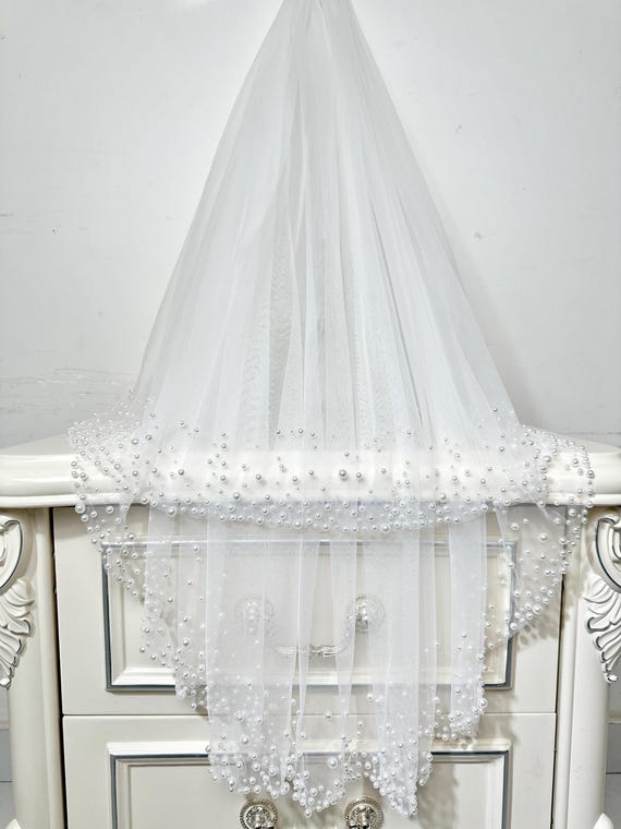 Ivory tulle wedding veil with pearl edge-NWT Elegant Pearls Tulle With Pearled Edge Wedding Veil Vintage  main image 2