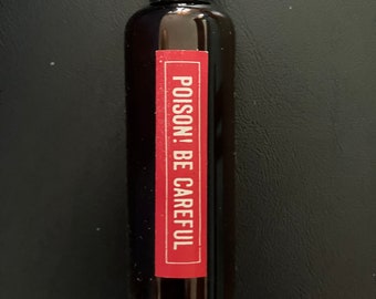 Vintage amber glass poison elixer vial - “POISON! BE CAREFUL” Label - Very Rare
