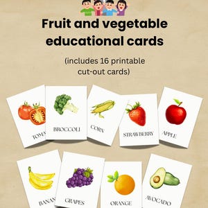Flashcards sur les fruits et légumes pour les tout-petits | Cartes d'apprentissage imprimables | 16 PDF A4 découpés |Activité préscolaire