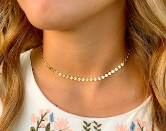 Ciara Chain Choker Necklace, Sequin Chain Necklace, Layering Necklace, Dot Chain Necklace, Dainty Chain, Disc Chain, Simple Gold Necklace