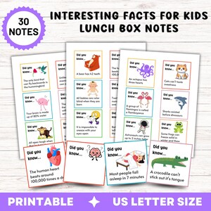 May include: A set of printable lunch box notes with interesting facts for kids. The notes feature colorful illustrations and facts about animals, the human body, and space. The notes are US Letter size and include 30 notes.
