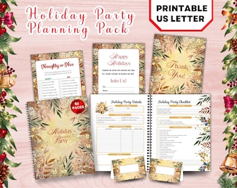 May include: A Holiday Party Planning Pack with a floral design. The pack includes a planner, checklists, and cards. The text includes "Holiday Party Planning Pack", "Naughty or Nice", "Happy Holidays", and "Thank You!"