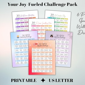 May include: A set of printable challenge packs, each designed for 30 days of activities. The packs include themes like self-love, positivity, and creative play. The text on the image reads "Your Joy-Fueled Challenge Pack" and "Printable US Letter."
