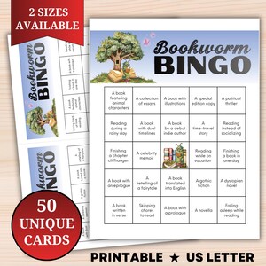 May include: Printable Bookworm Bingo game with 50 unique cards. The bingo card features illustrations and prompts related to reading, such as "Reading during a rainy day" and "A book with illustrations." Available in two sizes.