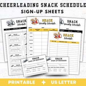 May include: Printable cheerleading snack schedule and sign-up sheets. The sheets include a weekly schedule and snack sign-up reminders. The design features a megaphone graphic and the text "SNACK Schedule" and "SNACK Sign-Up Reminder".