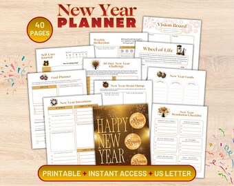 New Year Planner, New Year Intentions and Resolutions, Goal Setting & Manifesting Journal, Habit Tracker, Vision Board Kit, Coloring Pages