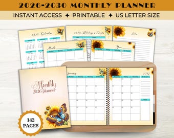 May include: A 2026-2030 monthly planner set featuring sunflower and butterfly illustrations. The printable US letter size pages include calendars, holiday lists, and notes sections. The cover displays the text 2026 planner and 142 pages.