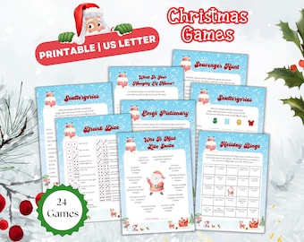 Puede incluir: Una colección de juegos navideños imprimibles, incluyendo Scattergories, Scavenger Hunt y Holiday Bingo. El diseño presenta un gráfico de Papá Noel y el texto "Christmas Games" en rojo. Los juegos están diseñados para papel tamaño US Letter.
