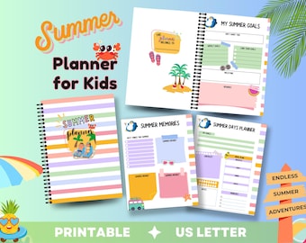 Fun and Colorful Summer Planner for Kids, Printable Journal for Creative Writing and Activities, Goal Tracker, Reading Log, Vacation Diary