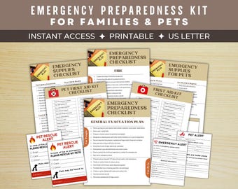 May include: A collection of printable emergency preparedness checklists and forms for families and pets. Includes checklists for supplies, first aid, and evacuation plans. Features the text "Emergency Preparedness Kit for Families & Pets."