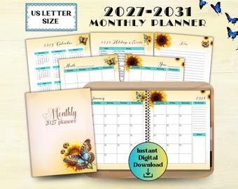 Planificador imprimible de 5 años, calendario mensual para 2027, 2028, 2029, 2030 y 2031, calendario sin fechas, organizador a largo plazo, temática de flores y mariposas.