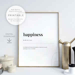 Happiness Definition, PRINTABLE Art, Dictionary Meaning, Housewarming Gift, Home Quote Decor, Digital DOWNLOAD Print Jpg