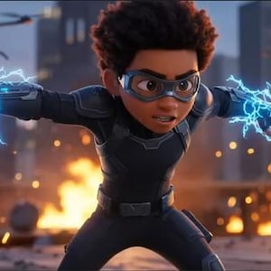 Puede incluir: Ilustración digital de una persona joven con piel oscura, vestida con un traje negro y gafas, generando energía eléctrica azul de sus manos. El fondo muestra un paisaje urbano con drones y explosiones.