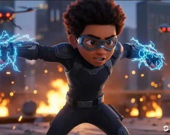 May include: A digital illustration of a young person with dark skin, wearing a black suit and goggles, generating blue electrical energy from their hands. The background shows a cityscape with drones and explosions.