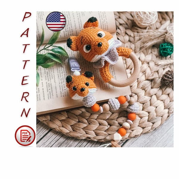 Crochet Patron hochet renard, Attache tétine/collier, Patron, PDF< Anglais, Amigurumi, baby shower, Peluche
