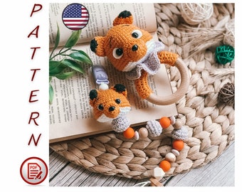 Crochet Pattern rattle fox, Pacifier clip/necklace, Pattern, PDF< English, Amigurumi, baby shower, Stuffed toy