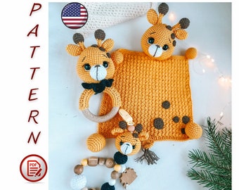 3in1 Security Blanket Giraffe crochet pattern, security blanket comforter, English PDF rattle giraffe, Pacifier clip/necklace