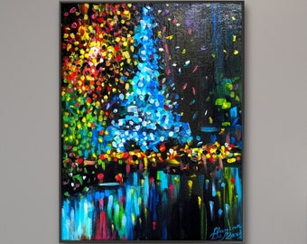 PAINTING "PARIS after the RAIN" Art Decor with strokes, Atmospheric Etude Hand Created, wall panel for interior, Artistic Gift for relatives