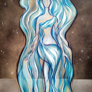 GRAPHICS "Water GODDESS", ARTWORK for the interior, fine lines, flowing waves, beauty naked women with hair-water, art gift, style by author