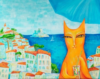 TABLEAU CHAT Marcel, oeuvre d'art Paysage ville de Marseille, paysage marin avec chat orange, décoration murale lumineuse, idée cadeau oeuvre d'art, vue oeuvre d'art