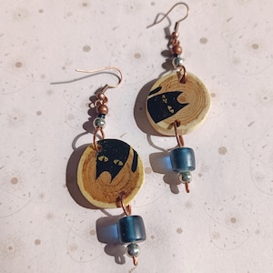 EARRINGS "BLACK CATS" hand-painted on the wood, not heavy, a stylish handmade gift for her, small cute ear jewelry, art handcraft, natural
