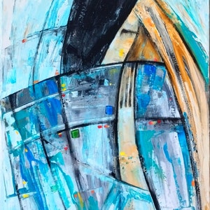 May include: Abstract painting with a mix of blue, green, black, and orange hues. The painting features geometric shapes and lines, creating a sense of depth and movement.