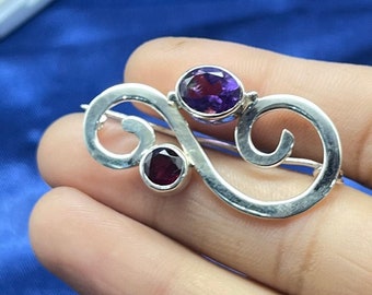 Genuine Amethyst Silver Brooch Pin 925 Silver Brooch Pin, Handmade Amethyst Gemstone Shawl  Brooch Celtic Silver Brooch Pin Scarf Brooch Pin