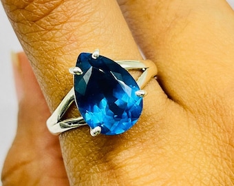 London Blue Topaz Silver Ring, Blue Topaz Gemstone Ring, Pear Cut Blue Topaz Silver Ring, 925 Sterling Silver Ring, Wedding Engagement Ring
