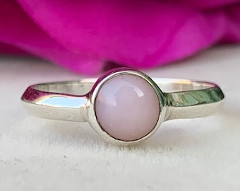 Handmade Round Pink Opal Ring, 925 Sterling Silver Band